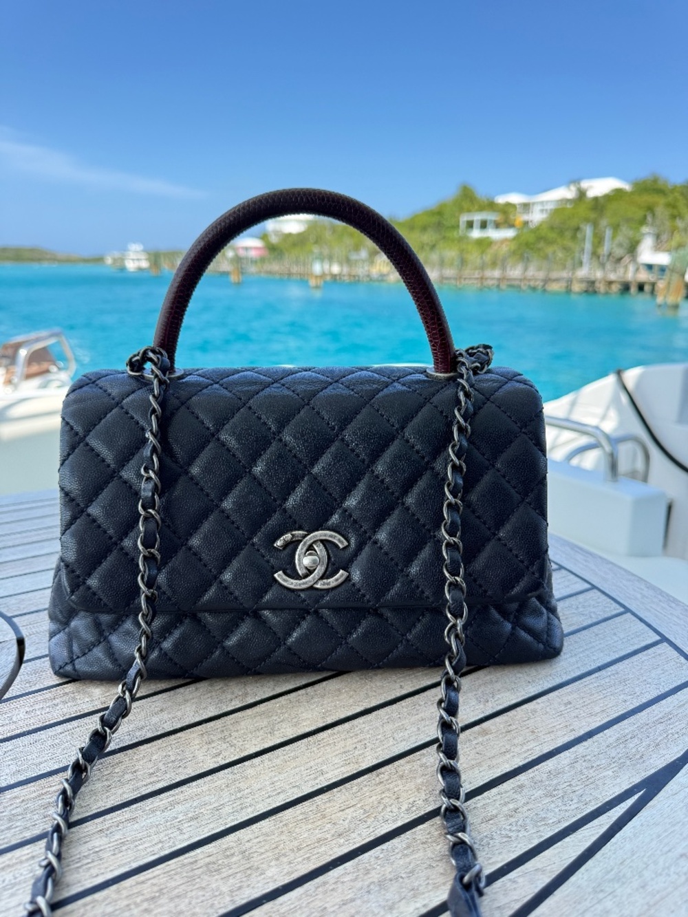 Chanel Caviar Lizard Quilted Medium Coco Handle Flap Navy & Burgundy Pre-Owned